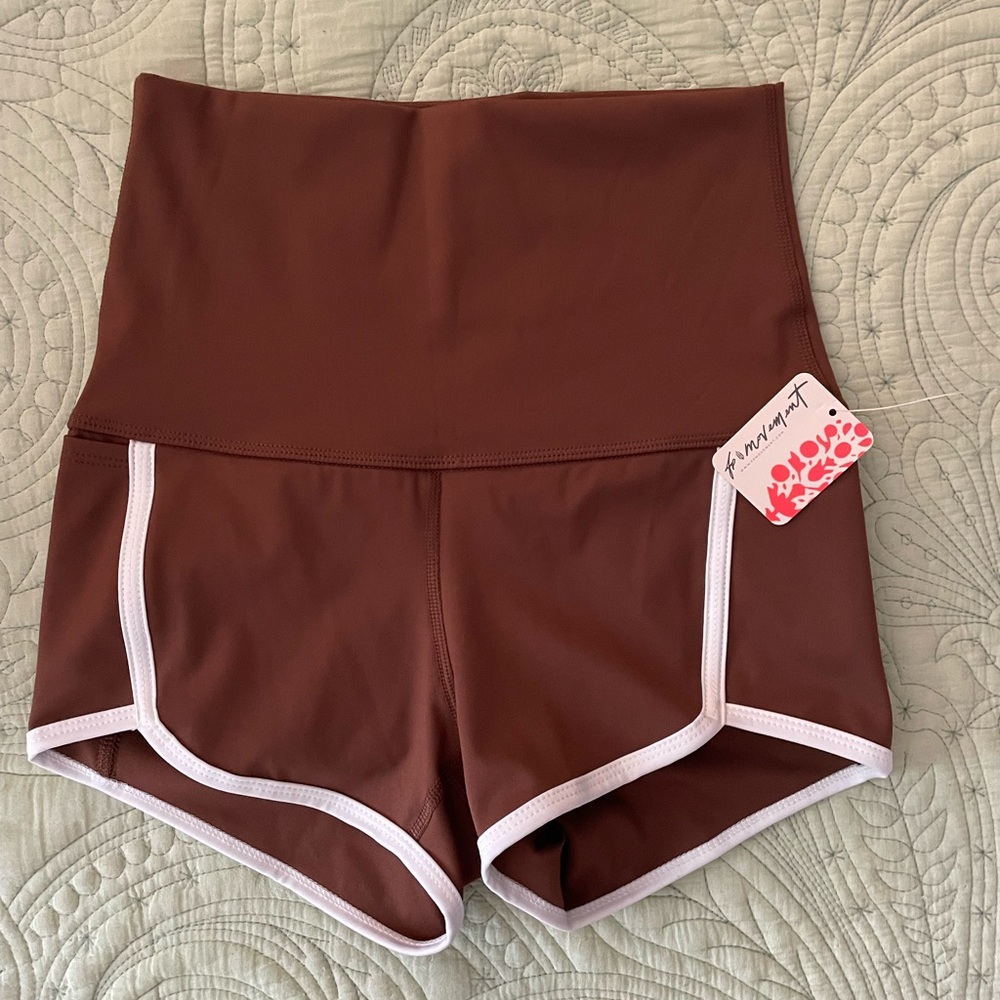 Free People Movement Island Time High-Waisted Argon Brown Shorts with White Trim
